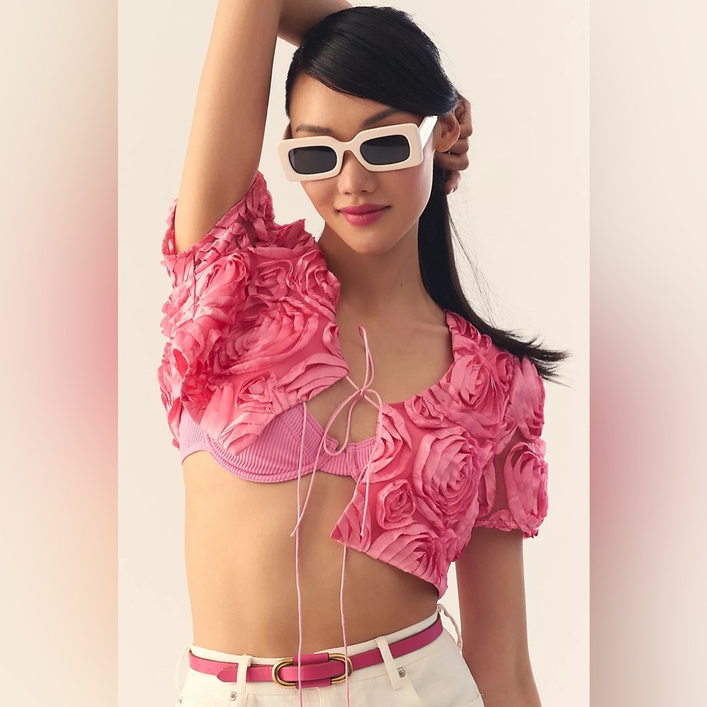 Anthropologie HUTCH Cropped Rosette Appliqué Topper in Pink, Size: XS/S, NWT